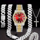 Gold, red and silver (watch + bracelet + necklace + cross necklace + ring) (original strap)
