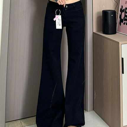 Black Low Waist No Leg Loose Micro-flare Jeans Women's Hot Girl Small Slim Look Trousers Straight Pants