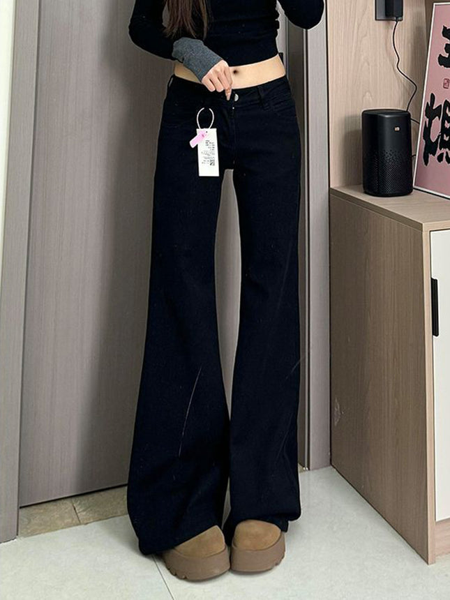 Black Low Waist No Leg Loose Micro-flare Jeans Women's Hot Girl Small Slim Look Trousers Straight Pants
