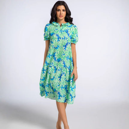 2025 Summer Women's New Ruffled Sleeve Women's European and American Pleated Bow Thai Print Long Skirt Dress