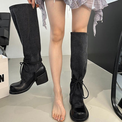 2025 New Trendy Street Style Chunky Heel Platform Slimming Riding Boots Slip-On Lace-Up Stylish Slouch Boots Fashion Boots Trend