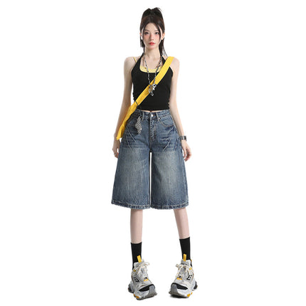 Raccoon House # American Retro Design Niche Lightning Denim Shorts Women's High-Waisted Loose Straight Wide-Leg Cropped Pants