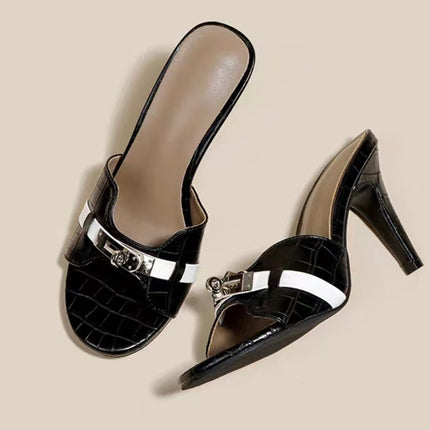 In-Stock Sheepskin Buckle Crocodile-Pattern Commuting High-Heeled Sandals for Women, Chunky Heel, Soft Sole, Light Luxury Style