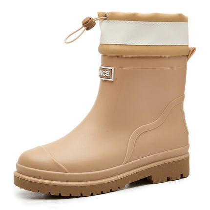 Women's Fashionable Outdoor Drawstring Rain Boots with Thick Soles, Waterproof and Non-Slip Kitchen Work Rain Boots, Warm Rubber Shoes