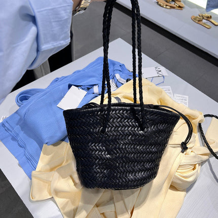 Z Family Woven Bag 2025 New Summer Satchel Vegetable Basket French Retro Pu Leather Hand-Woven Bag Bucket Bag