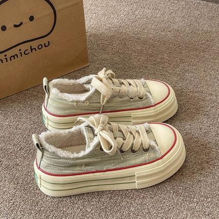 Korean Thick-Soled Canvas Shoes for Women 2025 New Design Niche Fleece-Lined Sneakers Casual Cloth Shoes Starlight Gold