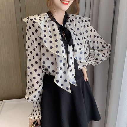 2025 Design Style Led Lotus Leaf Chiffon Shirt Lantern Sleeve Western Style Retro Wave Dot Niche Shirt Women's Early Spring Wear