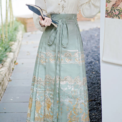 2025 Xiangyunsha Women's Chinese Style Hanfu Satin Water Green Wave Brocade Maqian Skirt One-Piece Half Skirt