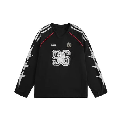 American Letter V-neck Long Sleeve T-shirt Men's and Women's Spring and Autumn Stripe Contrast Color Couple's oversize Ball Suit Design Sweatshirt