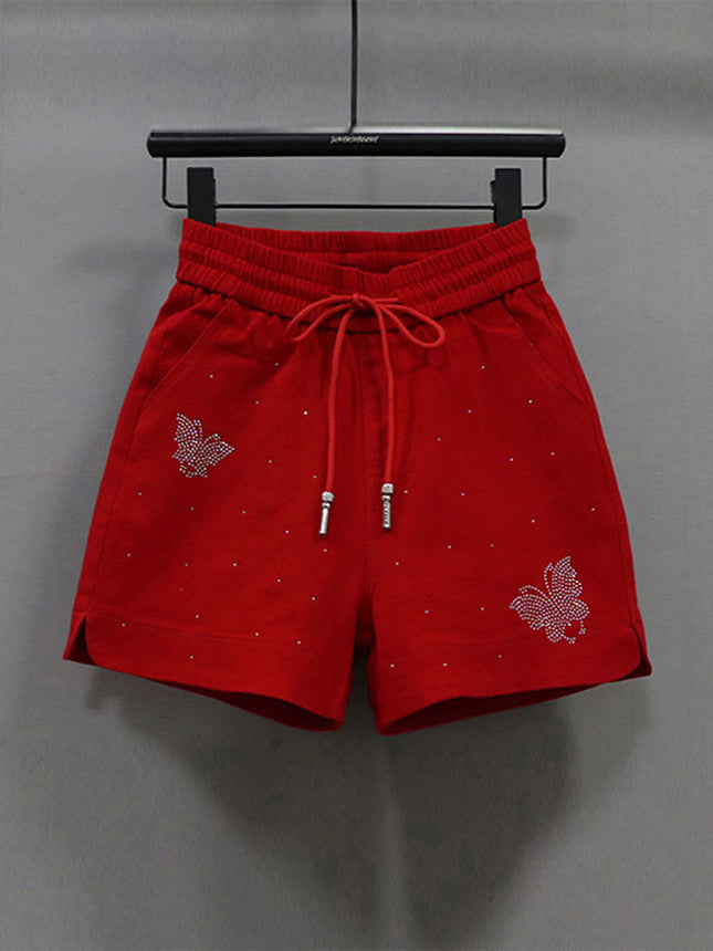 Elastic Waist Shorts Women's Hot Drilling Candy Color Butterfly Denim Wide Leg Pants New Korean Style Slim Look Elastic All-match Hot Pants