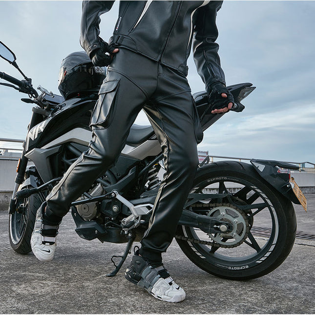 Cycling Motorcycle Men's Tooling Leather Pants Men's Fleece-Lined Thickened Loose Motorcycle Waterproof Windproof Warm Thick Autumn and Winter