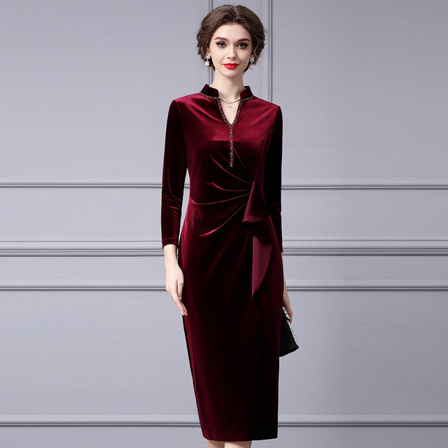 Zhili Lady Brand Women's Noble Elegant Stereo Cutting Pleated Waist Spring & Fall Bottoming Velvet Dress