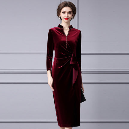Zhili Lady Brand Women's Noble Elegant Stereo Cutting Pleated Waist Spring & Fall Bottoming Velvet Dress