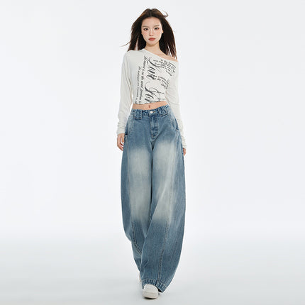 American Scimitar Jeans for Women, Autumn New Design, Retro Loose Slimming Lazy Style Floor-Length Wide-Leg Pants