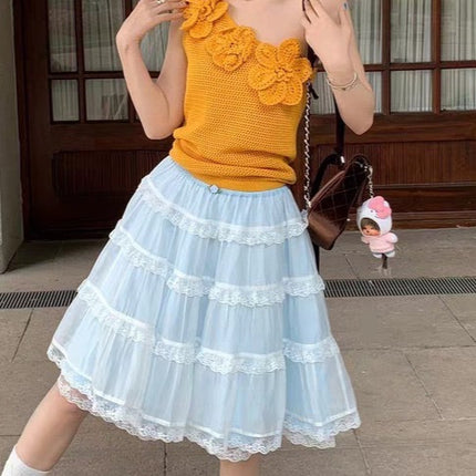 Le Roug Meimei Auracore Light Blue See-Through Silk Lace Layered Skirt