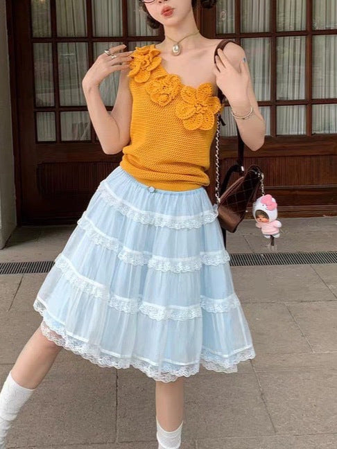 Le Roug Meimei Auracore Light Blue See-Through Silk Lace Layered Skirt