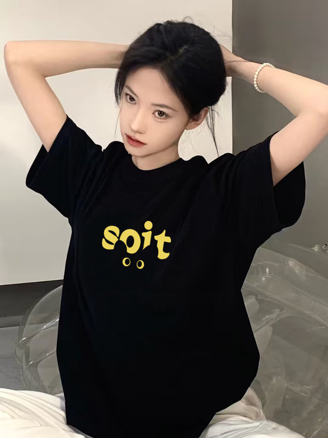 Pure Cotton European American Shoulder Short-sleeved T-shirt Women's 2025 New Explosions Loose Fashion Brand High Street Half-sleeved Top for Summer