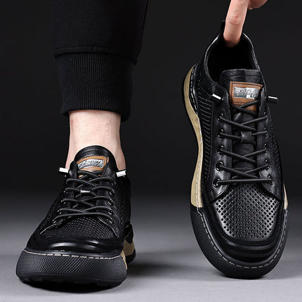 Men's Board Shoes Casual Leather Shoes Men's Summer Hollow Breathable Leather Sandals Real Cowhide sneaker Youth Shoes Black