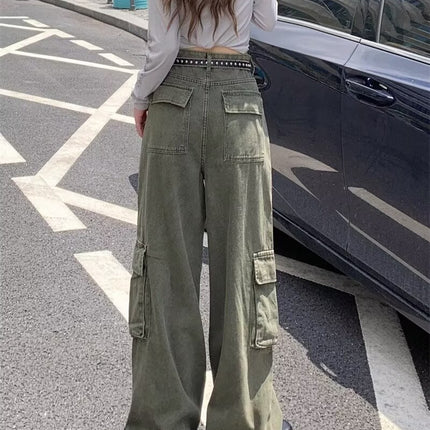 Extra Large Size Army Green 2026 New High-Waisted Slimming Casual Cargo Pants Loose Hip-Covering Straight-Leg Jeans