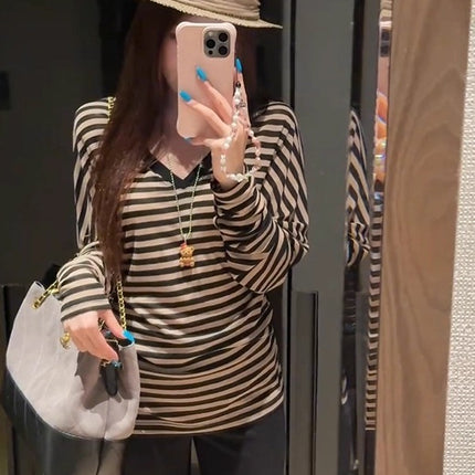 Lazy and Relaxed Stripesd Sun Protection Long-Sleeved Blouse for Women Summer Niche Design Loose Casual Versatile T-Shirt Top