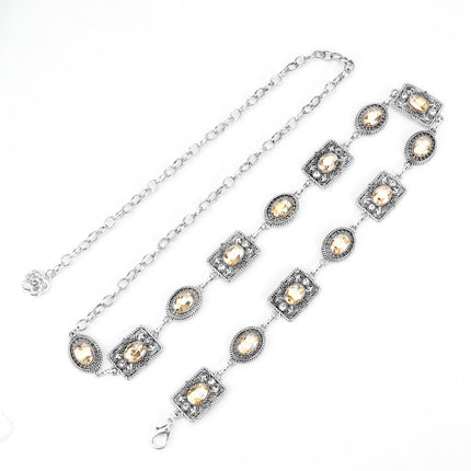 Cross-Border Vintage Bohemian Rhinestone Belt, Fashionable Hollow-Out Antique Silver Chain, European and American Luxury Rhinestone Waist Chain