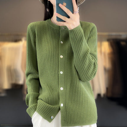 Spring and Autumn New Round Neck Cashmere Cardigan Women's Loose Casual All-match Long Sleeve Sweater Fashionable Elegant Outer Jacket