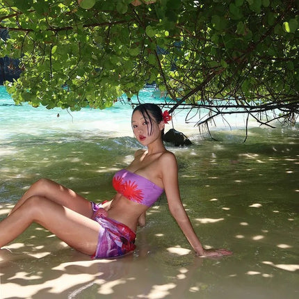 Swimsuit for Women, Conservative and High-End Style, Pure Desire, Strapless, Printed Three-Piece Bikini, Small Bust, Covers the Body, Makes You Look Slimmer