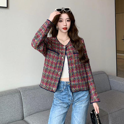 2026 Real Shot Wine Red Contrast Plaid Woven Short Jacket in Chanel Style Elegant Lady's Top