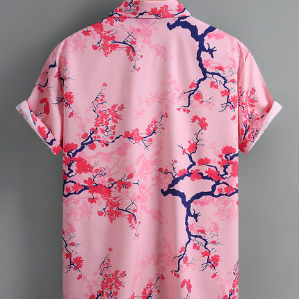 Casual Men's Red Plum Blossom Printed Men's Short-sleeved Shirt Men's Shirt Summer 2025 New Cross-border Exclusive