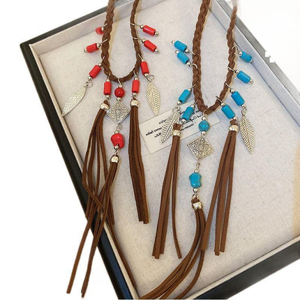 European and American Bohemian Retro Ethnic Style Clavicle Chain Turquoise Feather Tassel Winding Arm Chain Hand-woven Accessories