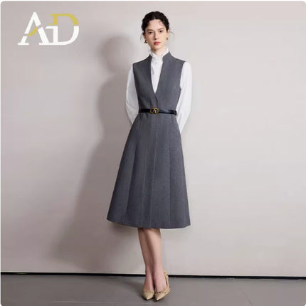 Spring and Autumn Fashion Design Sense Professional Suit dress High-grade Grey Small Vertical Collar Slim Vall Sleeveless dress
