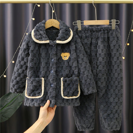 Autumn and Winter pajamas men's thickened fleece-lined warm coral fleece cartoon junior high school student home wear suit