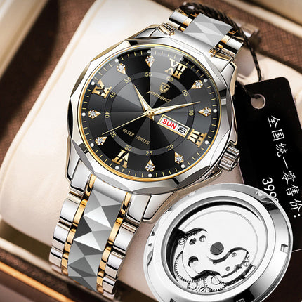 FOURRON brand imitation mechanical hollow-out transparent men's watch butterfly buckle steel belt luminous waterproof calendar Diamond