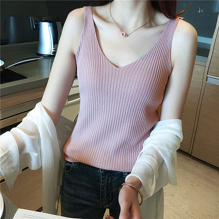 Knitted condole strap ice silk vest women's summer black and white outer wear base shirt square collar slim fit top tide wholesale