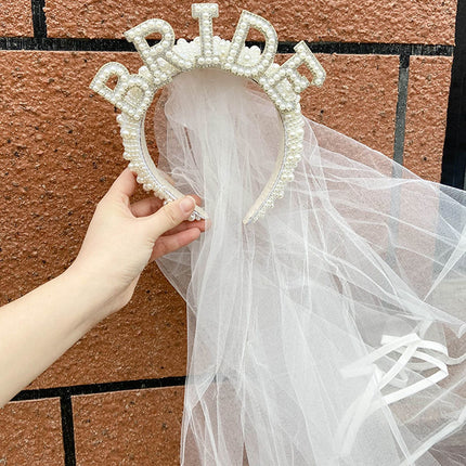 European and American Cross-Border Bride Pearl Headband Veil Hair Accessories Wedding European and American Party Supplies Wholesale