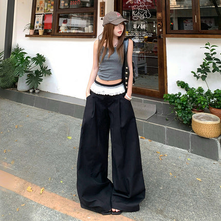 Black Design Lace Splicing Casual Pants for Women 2025 Summer New High-Waisted Loose Wide-Leg Suit Pants