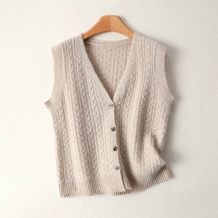 French Retro Twist Knitted Vest Cardigan for Women 2025 New Pure Wool Knitted Cable Loose Layered Jacket