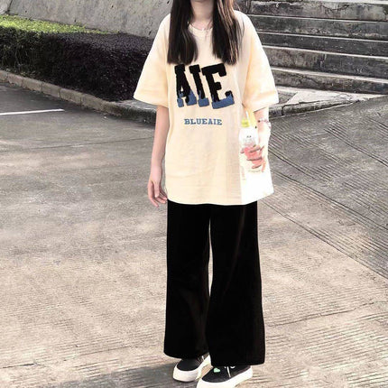 Pure Cotton Short-Sleeved T-Shirt Two-Piece Set for Junior High School Students, Loose Round Neck Top for Girls, Thin, Lazy Style, 2024 New Style