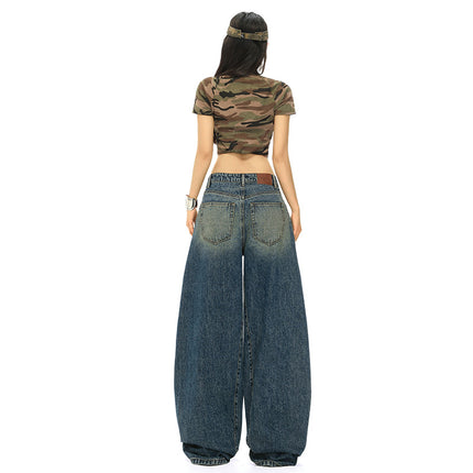 Retro Drawstring High Waist Wide Leg Jeans for Women 2025 Summer New Sexy Straight Loose Slimming Look Floor Mopping Pants
