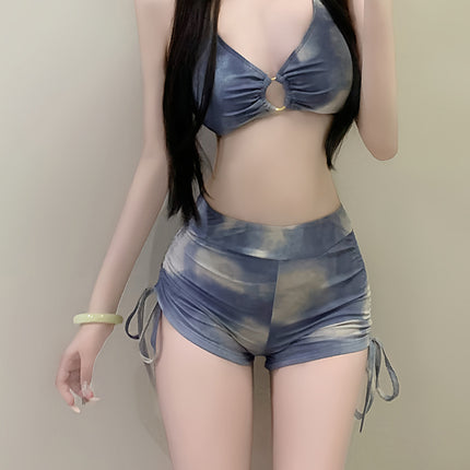 Hot Spring Swimsuit Women's Holiday American Tie-Dye Blue Three-Point Sports Split Flat-Angle Bikini Blouse Three-Piece Set