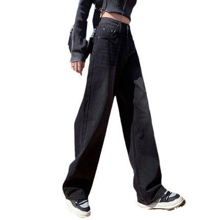 Black Grey Wide Leg Jeans Women's Fashion All-match New High Waist Loose Slimming Niche Design Sense Straight Pants