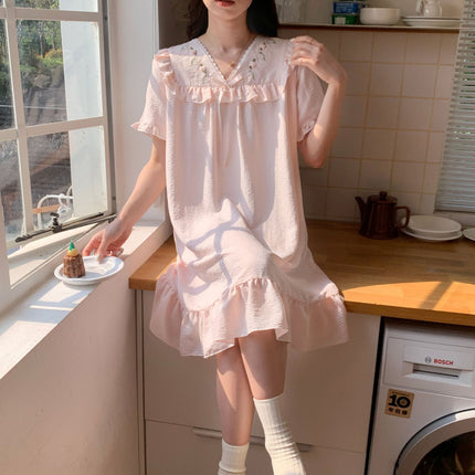 Oh Mi Da Summer New Sweet Court Princess Wind Clouds Cotton Mid-length Women's Short-sleeved dress Home Clothes