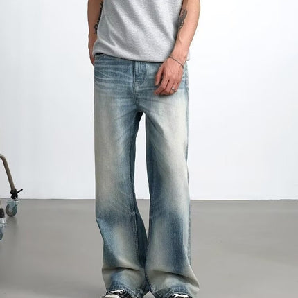 American High Street Original Cow Simple A-Line Washed Blue Straight Loose Floor-Length Jeans Men's Trendy Style