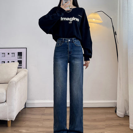Narrow Wide-Leg Jeans for Women 2025 Autumn and Winter New Wide Elastic High-Waist Petite Draped Fleece-Lined Straight Floor-Length Pants