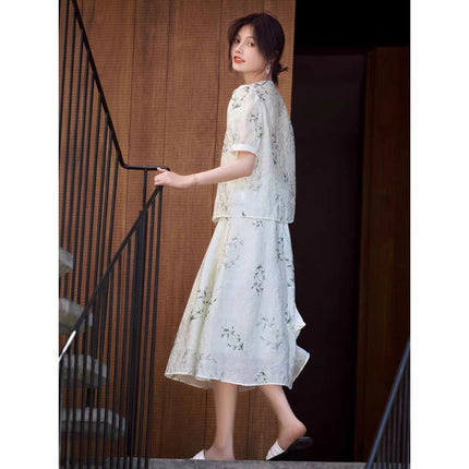 Spot New Chinese Style National Style Printed Set Women's Summer Elegant Temperament Texture Top Skirt Two-Piece Set