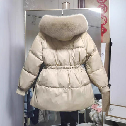 Dongdaemun White Duck down Jacket Women's 2023 Winter New Drawstring Waist Real Fox Fur Collar down Jacket