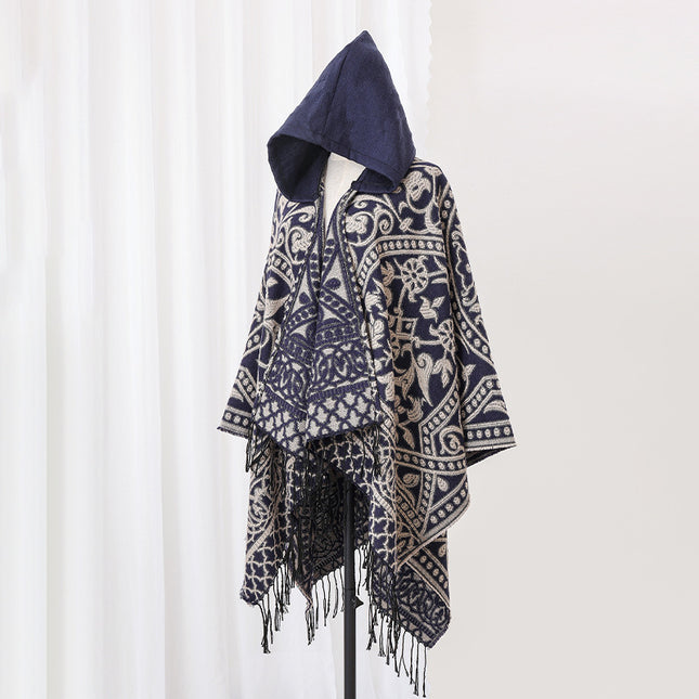 New Cross-Border Retro Cloud Totem Jacquard Ethnic Style Shawl Cloak Sichuan-Xizang Xinjiang Travel Photo Slit Scarf