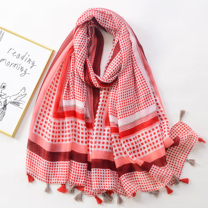 Japanese New Artistic Color Split Travel Sunscreen Beach Towel Printed Cotton and Linen Hand Scarf Tassel Scarf Large Scarf