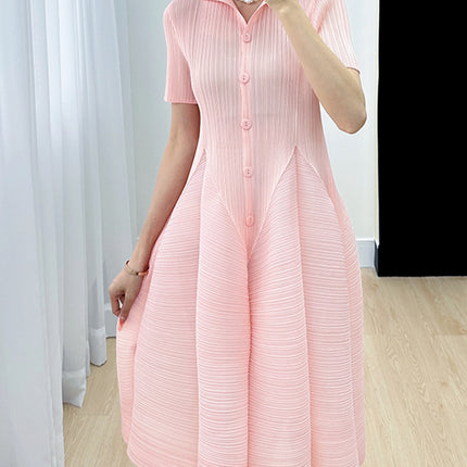Foreign trade high-end Sanzhai casual elegant gentle simple solid color pleated flower buds dress women's summer New