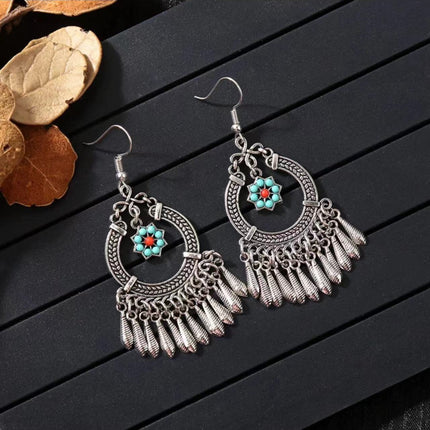 Bohemian Turquoise Earrings European and American Retro Owl Geometric Dreamcatcher Feather Tassel Earrings Women